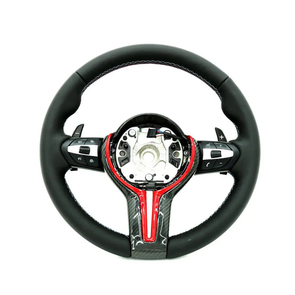 For BMW Universal M Series F Series X3 F25 / X4 F26 / X5 F15 / X6 F16 & more Steel Fork Design Steering Wheel with Carbon Fiber trim cover Red/Blue (Paddles+Buttons+Carbon fiber Trim Cover+Flat Bottom)