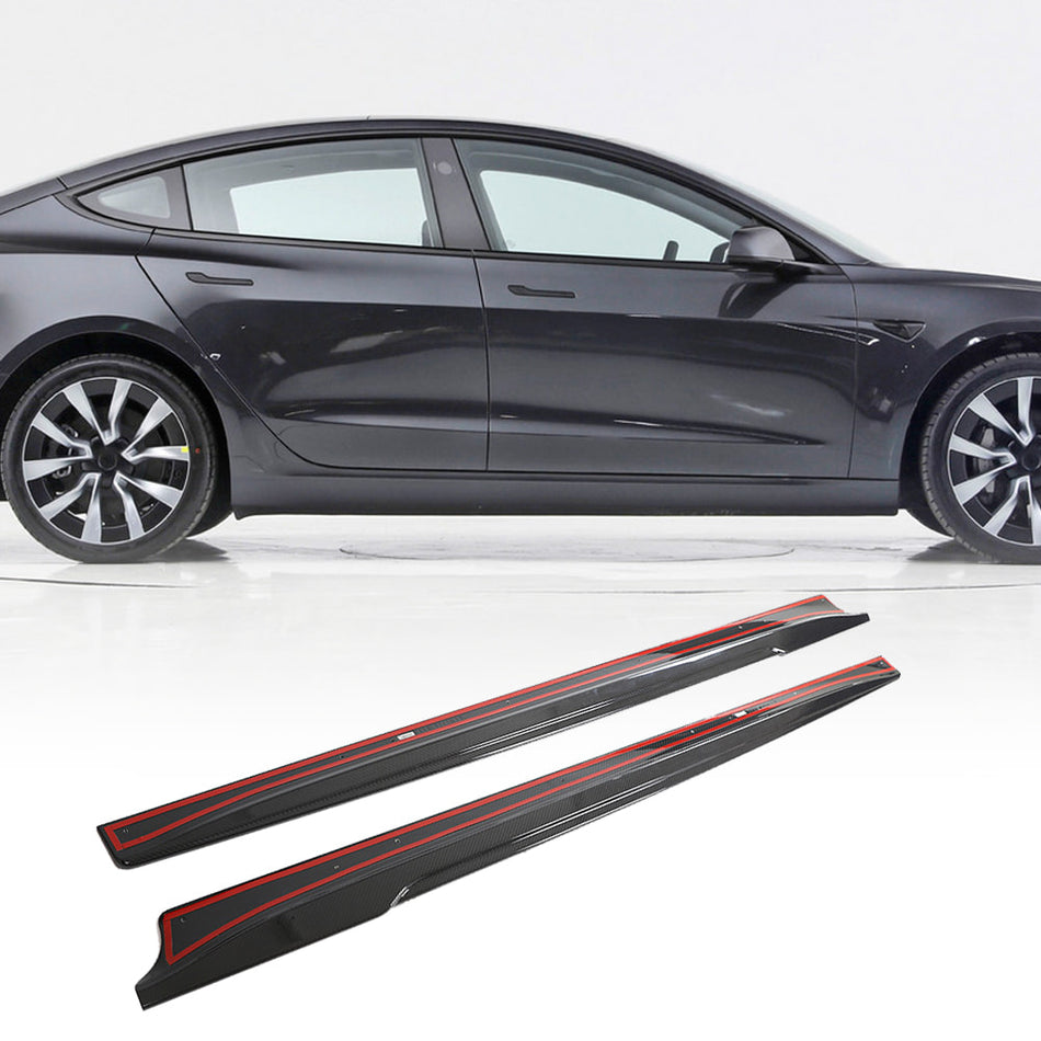 For Tesla Model 3 2023 Dry Carbon Fiber Side Skirts Door Rocker Panels Extension Lip