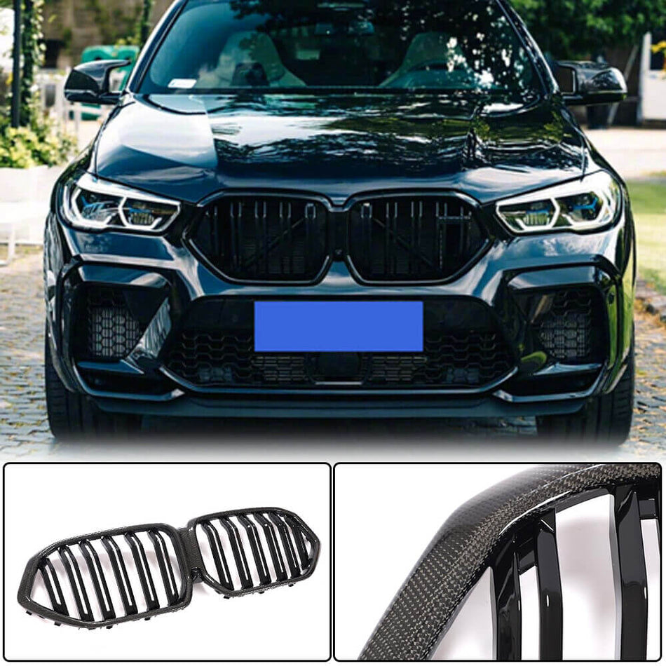 For BMW X6 G06 F96 X6M Carbon Fiber Front Kidney Grille Dual Slat Bumper Grill