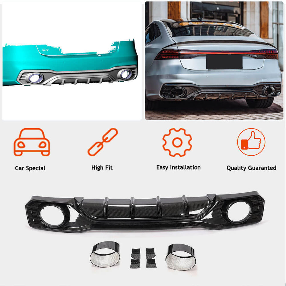 For Audi S7 A7 Sline C8 Dry Carbon Fiber Rear Bumper Diffuser Valance Lip with Exhaust Pipes