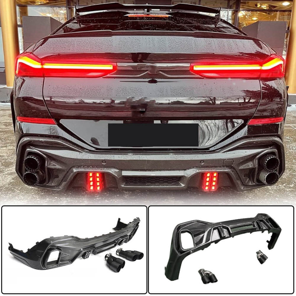 For BMW X6 G06 M50i M (Competition) Carbon Fiber Rear Bumper Diffuser Valance Lip W/ Exhaust Pipe Tips