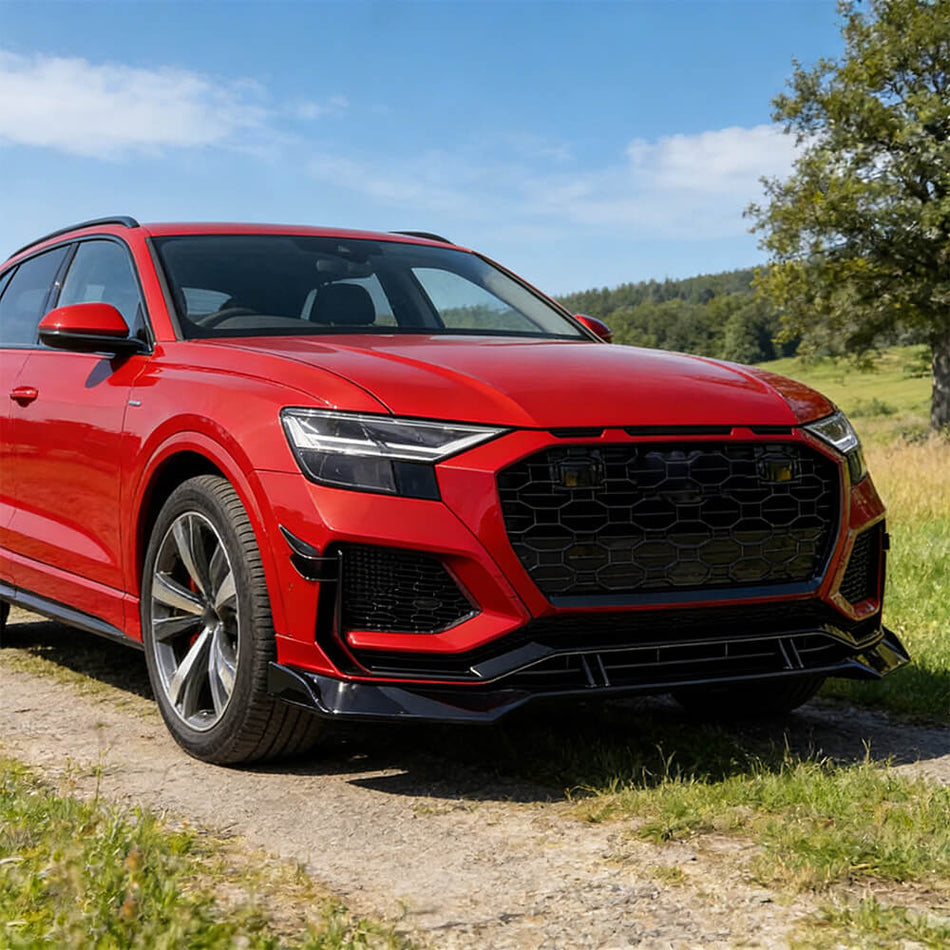 2019–2022 Audi Q8 gloss black ABS front bumper lip installed front three-quarter view