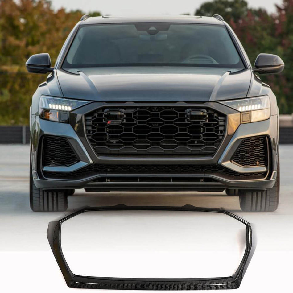 2020–2023 Audi RS Q8 dry carbon fiber front grille frame installed view