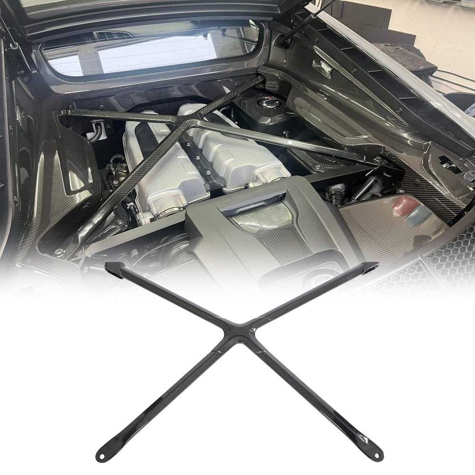 2022–2023 Audi R8 dry carbon fiber engine bay X-brace installed