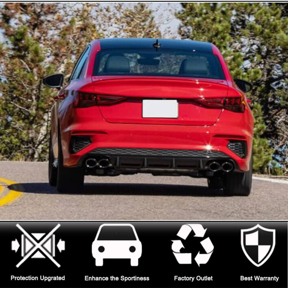 Carbon fiber rear diffuser installed on a red 2022–2023 Audi S3 8Y Sedan