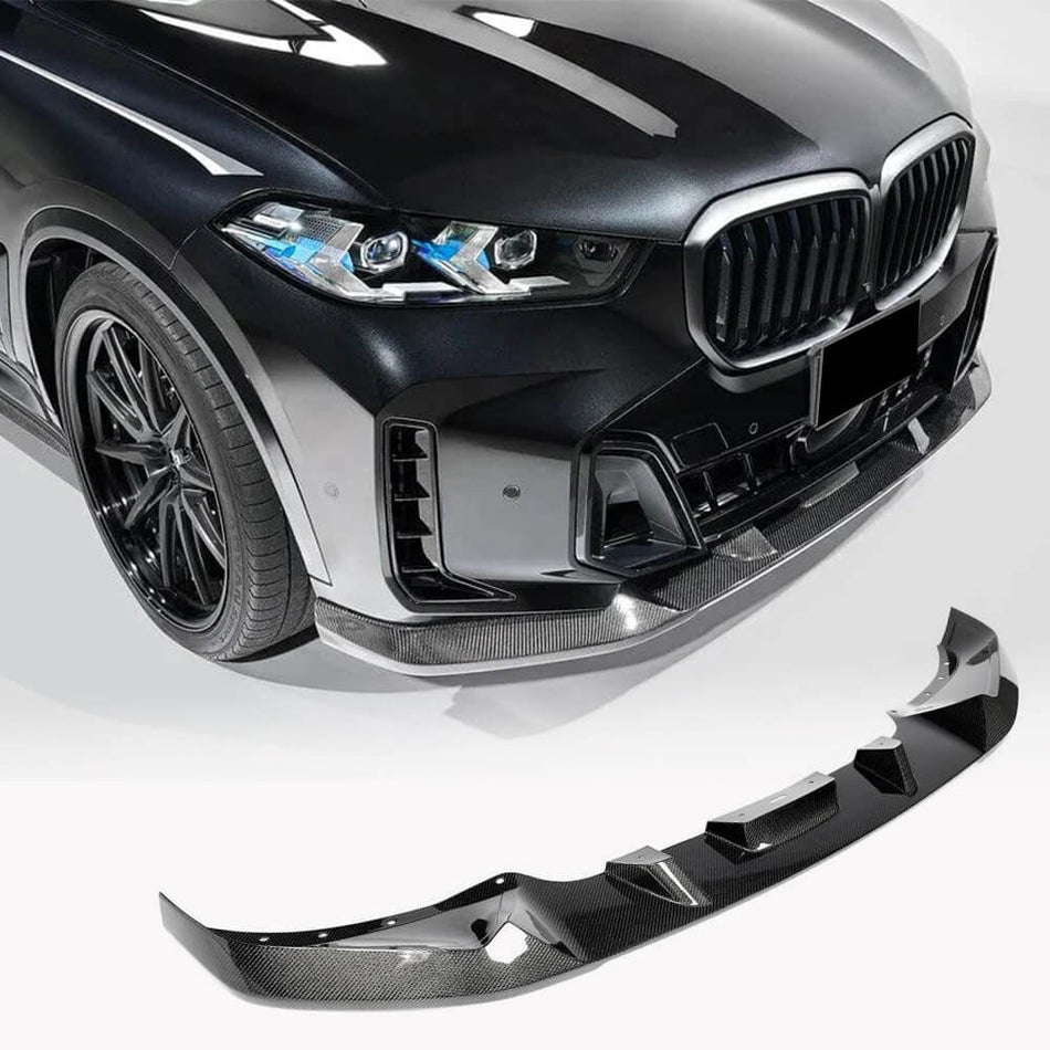 2023-2024 BMW G05 X5 LCI M-Sport 3D style carbon fiber front bumper lip installed view