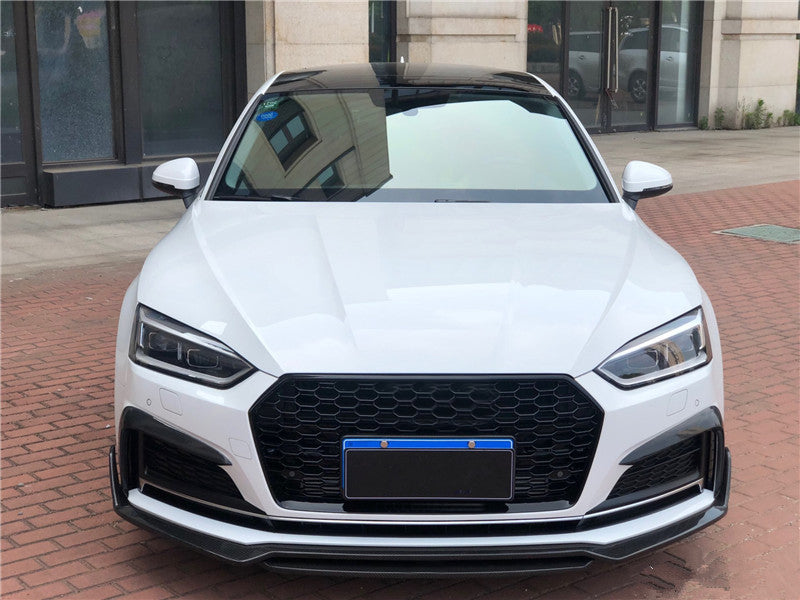 Audi A5 S5 B9 S Line carbon fiber front bumper lip installed on white car