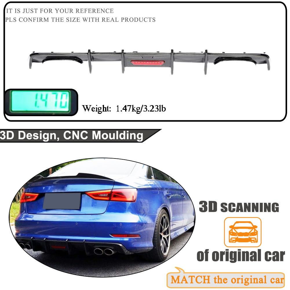 S3 Carbon Fiber Rear Diffuser Compatible with Audi A3 Sline S3 Sedan 2013-2016 Lower Bumper Lip Spoiler Body Kit Factory Outl