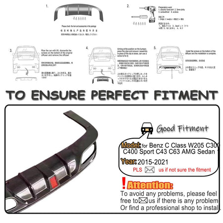 W205 Carbon Fiber Rear Diffuser Compatible with Mercedes Benz C Class W205 C300 C350 C400 C43 C63 AMG Sedan 2015-2021Under Bu
