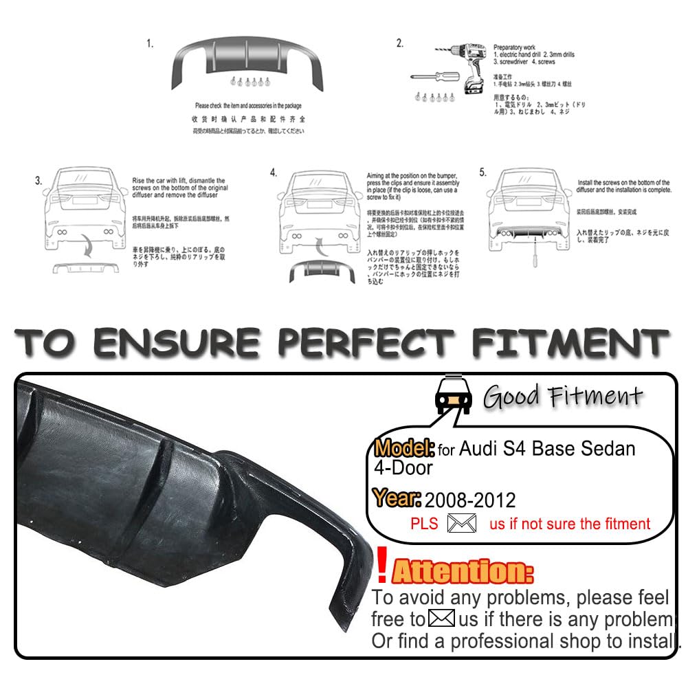 Gloss Black ABS Rear Diffuser for Audi S4 B8 2008 2009 2010 2011 2012 | Stylish Rear Bumper Diffuser Self‑Tapping Screws Moun