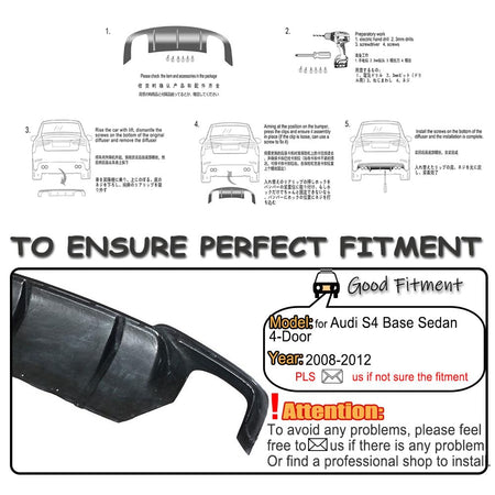 Gloss Black ABS Rear Diffuser for Audi S4 B8 2008 2009 2010 2011 2012 | Stylish Rear Bumper Diffuser Self‑Tapping Screws Moun