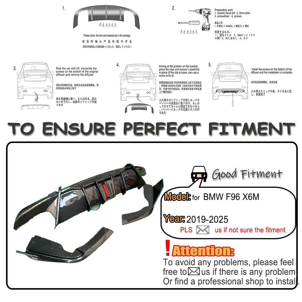 Real Carbon Fiber Rear Bumper Diffuser Compatible with BMW X6M F96 Sport Utility 4-Door 2019-2025 Lower Bumper Lip Diffuser B