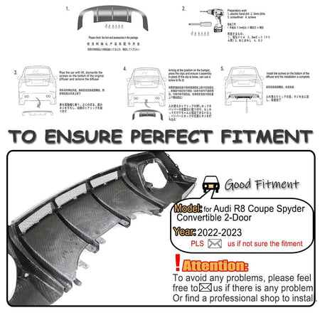 Dry Carbon Fiber Rear Bumper Diffuser for Audi R8 V10 2-Door 2022-2024 | Coupe Convertible Lower Spoiler Bumper Guard Body Ki