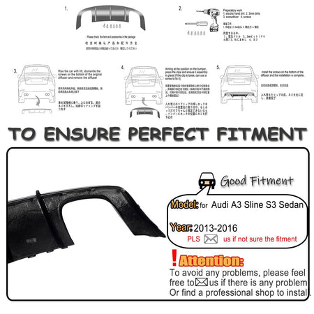 S3 Carbon Fiber Rear Diffuser Compatible with Audi A3 Sline S3 Sedan 2013-2016 Lower Bumper Lip Spoiler Body Kit Factory Outl