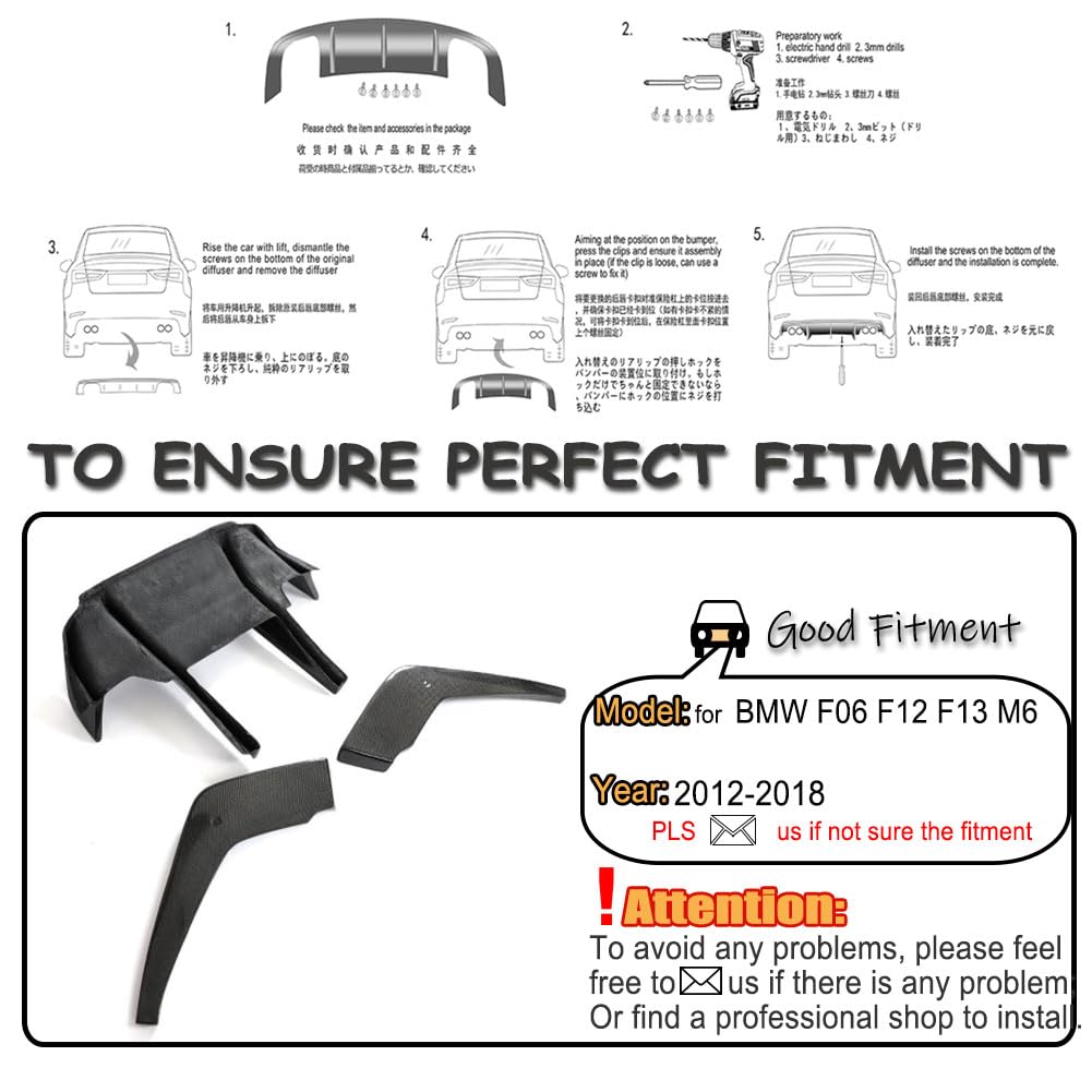Carbon Fiber Rear Diffuser Compatible with BMW 6 Series F06 F12 F13 M6 2Door 4Door 2012-2018 Lower Bumper Lip Spoiler Body Ki
