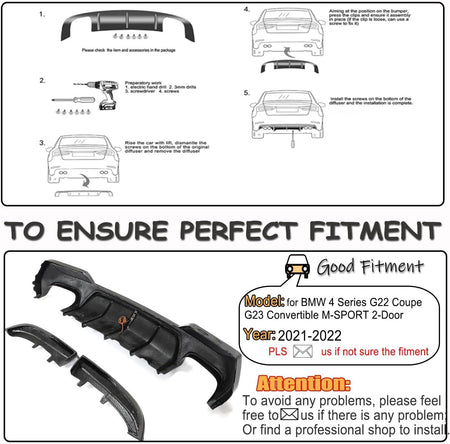 G22 Carbon Fiber Rear Diffuser Compatible with BMW 4 Series G22 G23 430i M440i 2021-2026 Lower Bumper Lip Spoiler Body Kit(wi