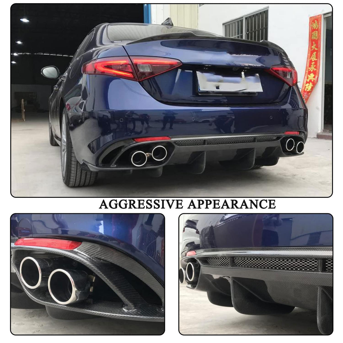 Carbon Fiber Rear Diffuser Compatible with Alfa Romeo Giulia Base Sedan 4-Door 2015-2021 Lower Bumper Lip Spoiler Body Kit wi