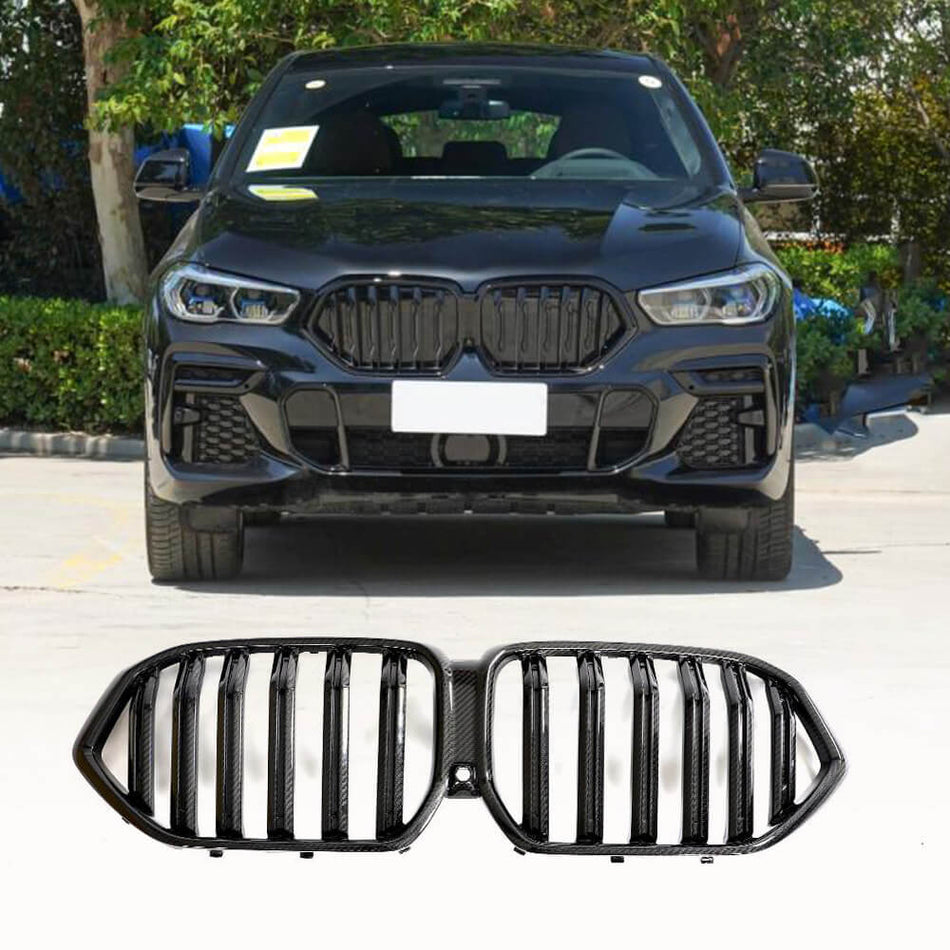For BMW X6 G06 F96 X6M Dry Carbon Fiber Front Kidney Grille Dual Slat Bumper Grill