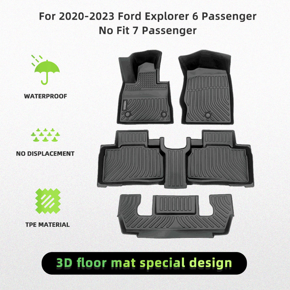 For Ford Explorer 6 Passenger 2020-2023 Car Floor Mats TPE Rubber All-Weather Floor Mats Black