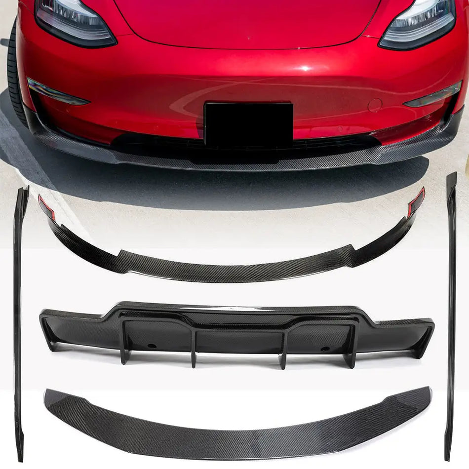 For Tesla Model 3 2017-2022 Carbon Fiber BodyKits Front Bumper Lip Side Skirts Rear Diffuser Spoiler Wing Tail