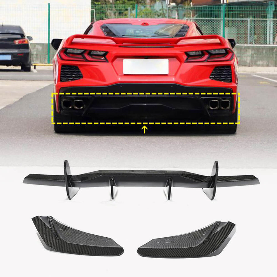 For Chevrolet Corvette C8 Carbon Fiber Rear Bumper Diffuser Valance Lip With Canards Splitters