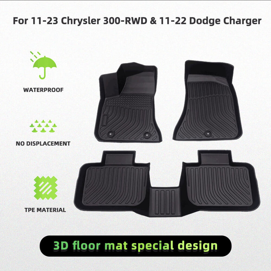 For Chrysler 300-RWD 2011-2023 & Dodge Charger 2011-2022 Car Floor Mats TPE Rubber All-Weather Floor Mats Black
