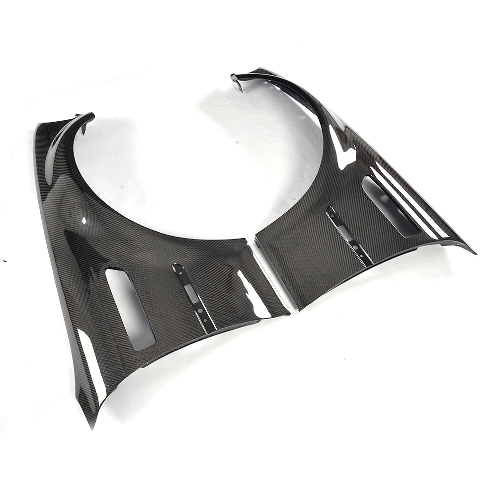 BMW E46 M3 carbon fiber front fender pair angled view