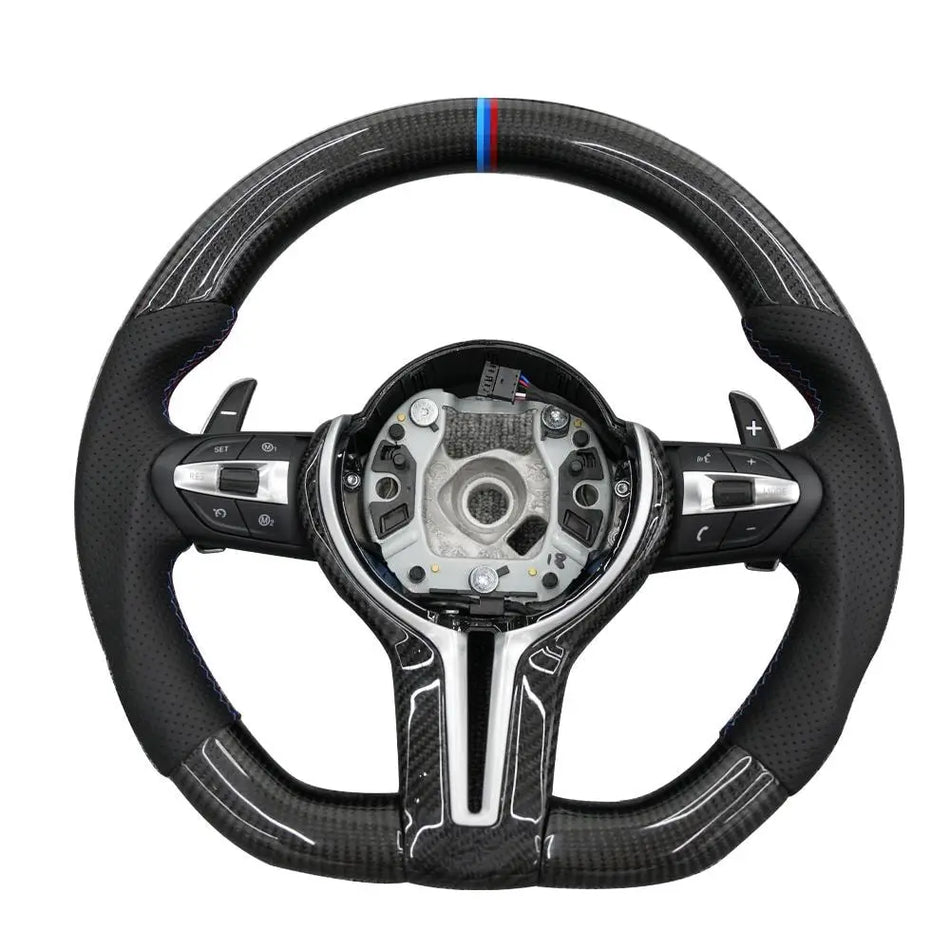For BMW Universal M5 M6 F10 F20 F22 F30 F32 F36 F06 F07 E70 Custom F8x M2 M3 M4 Carbon Fiber Car Steering Wheel Full Set (Paddles+Buttons+Carbon fiber Trim Cover+Flat Bottom)