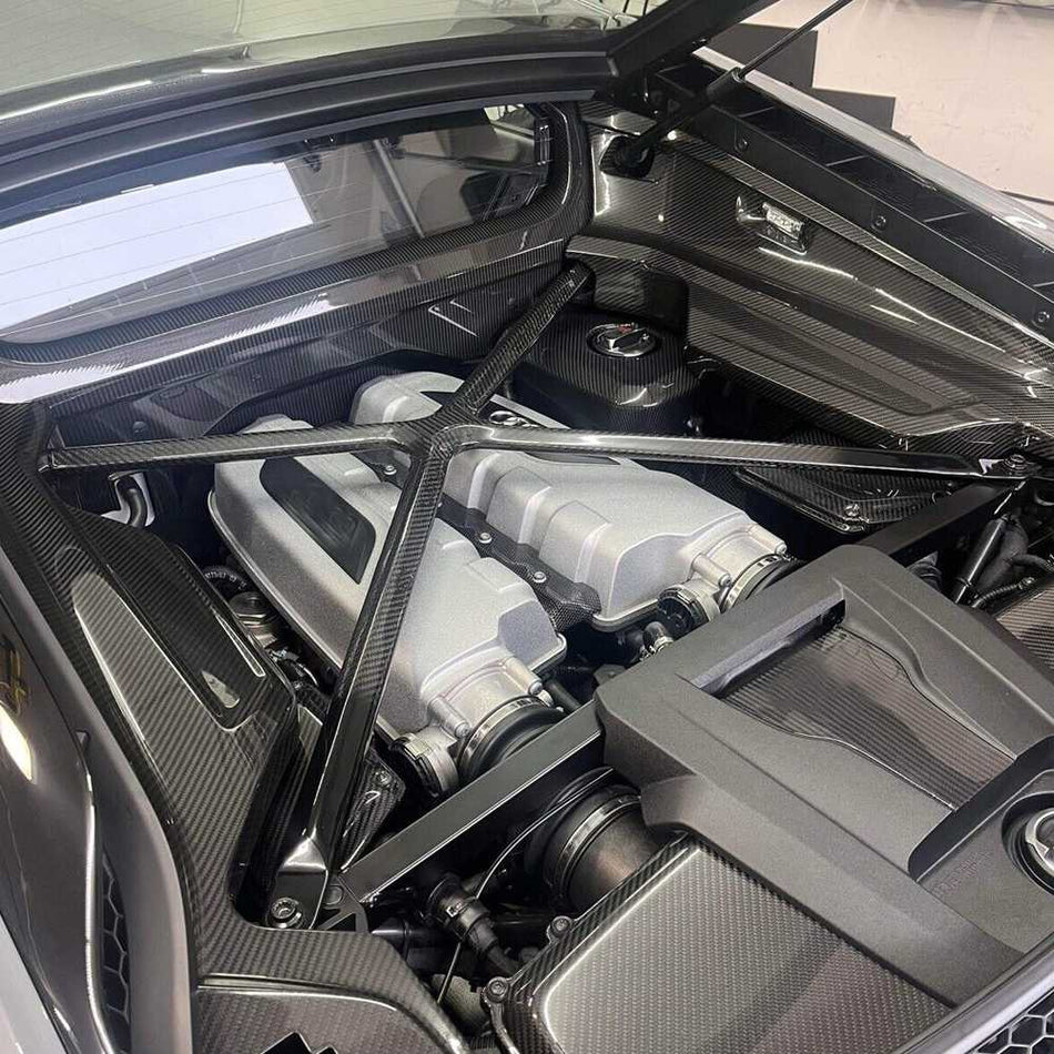For Gen 2 Audi R8 22-23 Dry Carbon Fiber Engine Bay X-Brace Strut Bar Trim