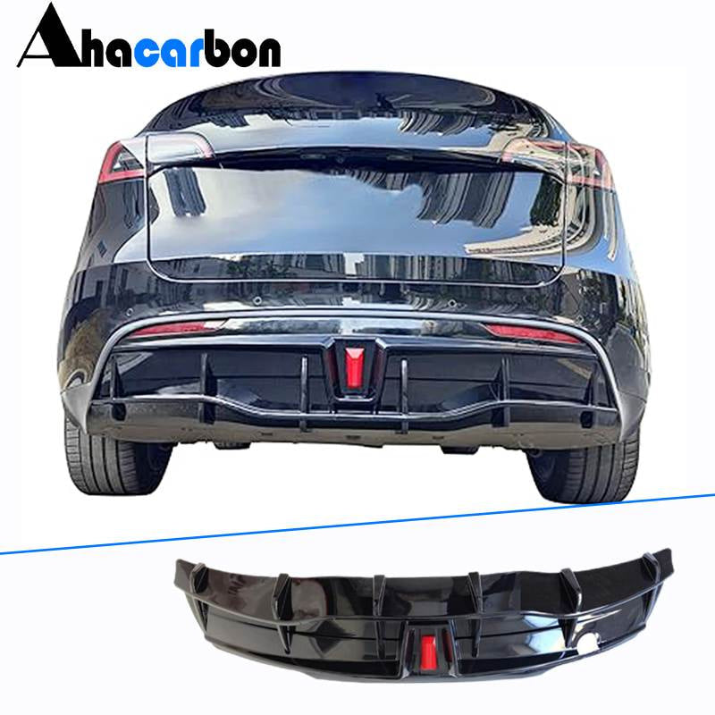 For Tesla Model S 2020-2024 Rear Bumper Diffuser Lip with LED Glossy Black ABS