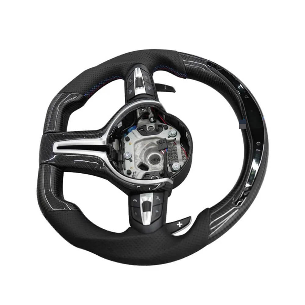 BMW Universal F06/F10/F12/F13/F8X Classic Steering Wheel With LED Carbon Fiber (Airbag+Paddles+Buttons+Carbon Fiber Trim Cover+Flat Bottom)-Ahacarbon