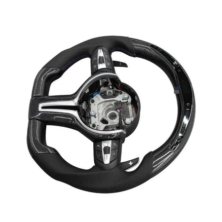 BMW Universal F06/F10/F12/F13/F8X Classic Steering Wheel With LED Carbon Fiber (Airbag+Paddles+Buttons+Carbon Fiber Trim Cover+Flat Bottom)-Ahacarbon