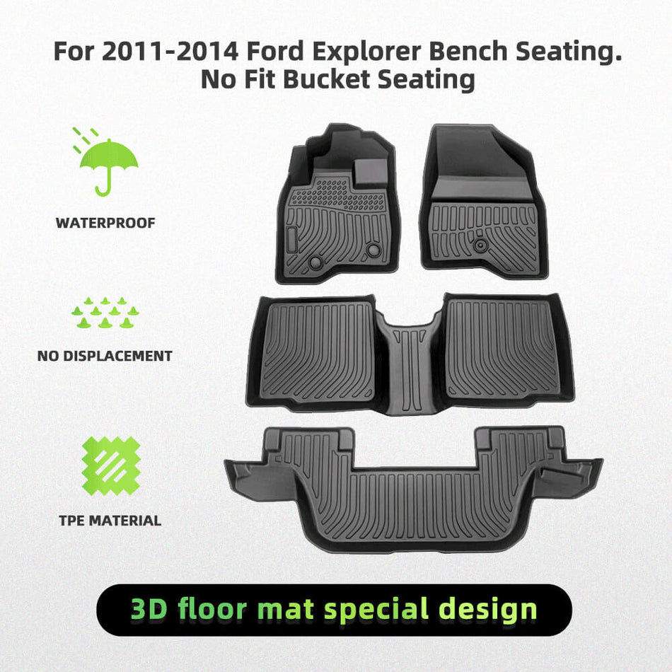 For Ford Explorer Bench Seating 2011-2014 Car Floor Mats TPE Rubber All-Weather Floor Mats Black
