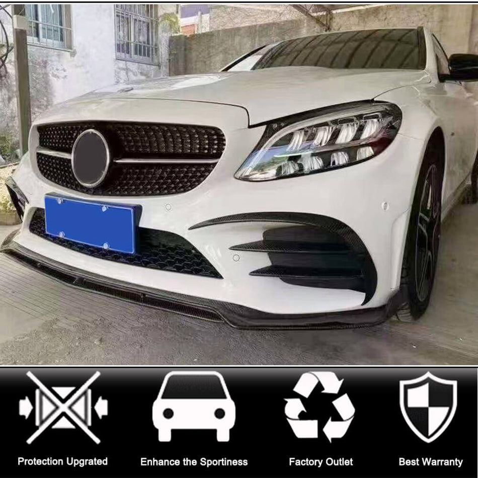 For Mercedes Benz C Class W205 Sport Sedan 4-Door Carbon Fiber Fog Light Vents Front Bumper Air Vent Fins Canard Trims丨C200 C250 C300 C400
