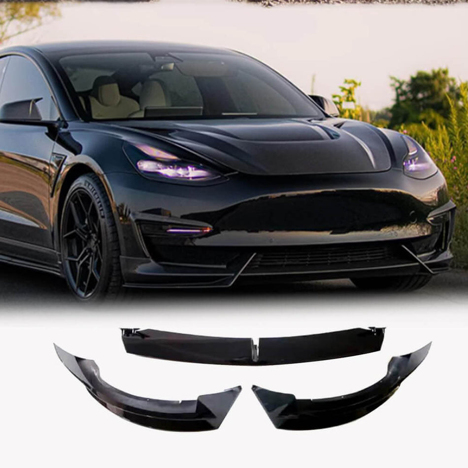 Tesla Model 3 2017-2023 Front Bumper Lip Gloss Black ABS 3PCS