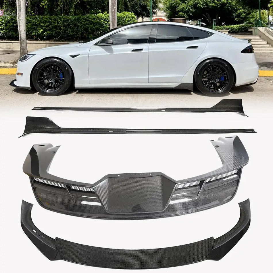 For Tesla Model S 2021-2023 Carbon Fiber Bodykit Front Bumper Lip Side Skirts Rear Diffuser