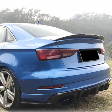 PSM-style carbon fiber trunk spoiler installed on an Audi A3 S3 8V Sedan