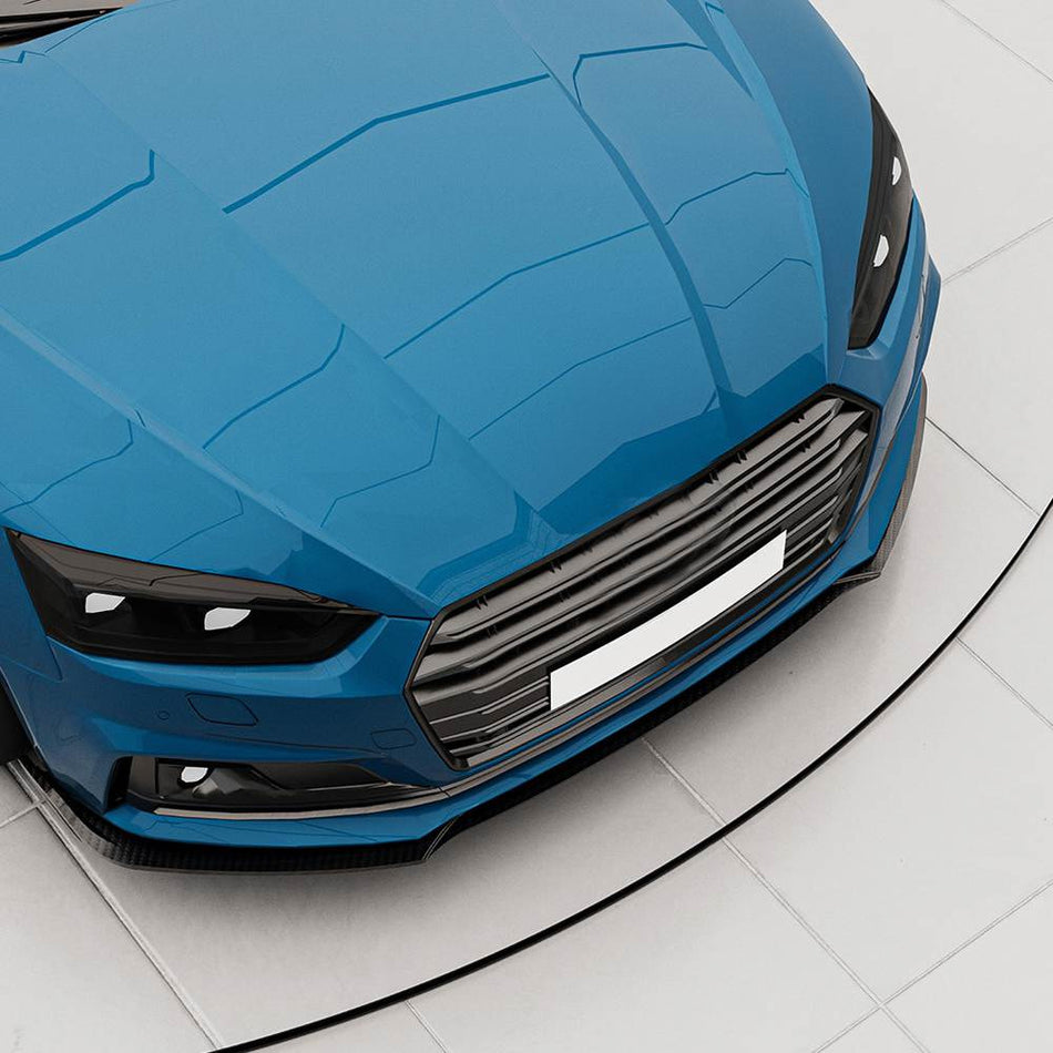 Front three-quarter view of an Audi A5/S5 B9 fitted with the one-piece carbon fiber front lip