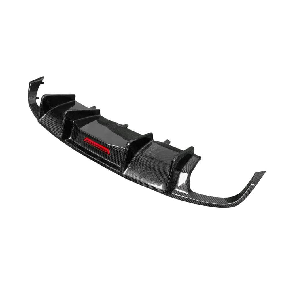 Audi A7 carbon fiber rear diffuser multi-fin shape and center light detail