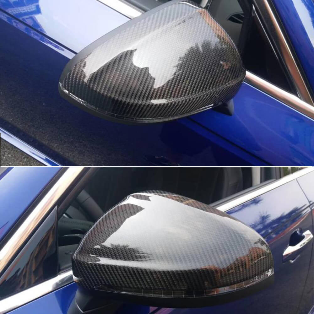 Audi B9 B9.5 carbon fiber replacement mirror covers installed on side mirrors