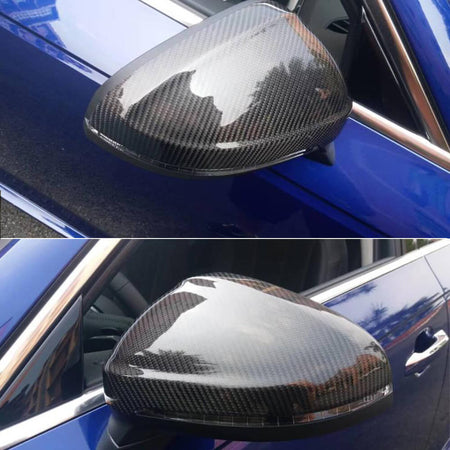 Audi B9 B9.5 carbon fiber replacement mirror covers installed on side mirrors