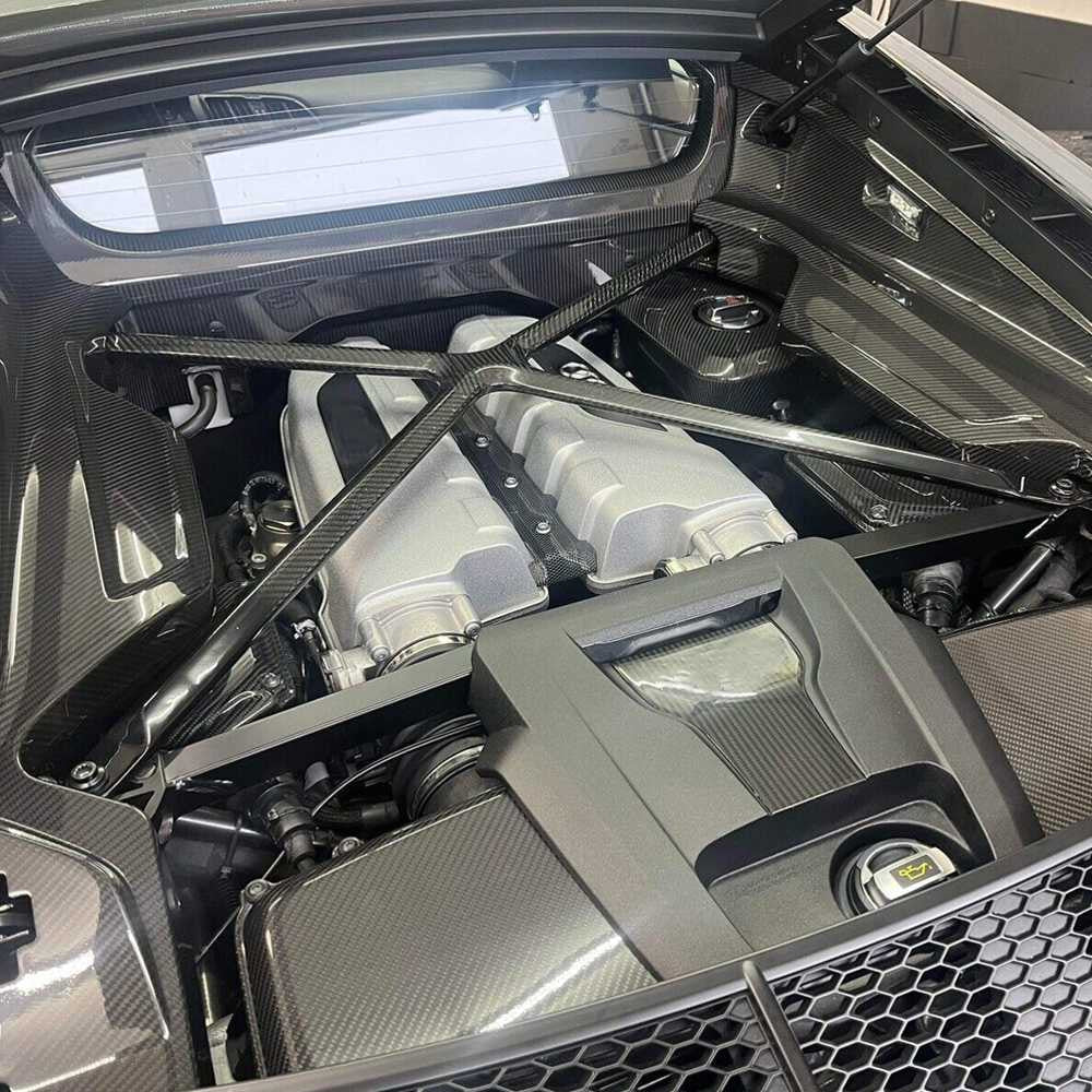 Audi R8 dry carbon engine bay X-brace rear installation view