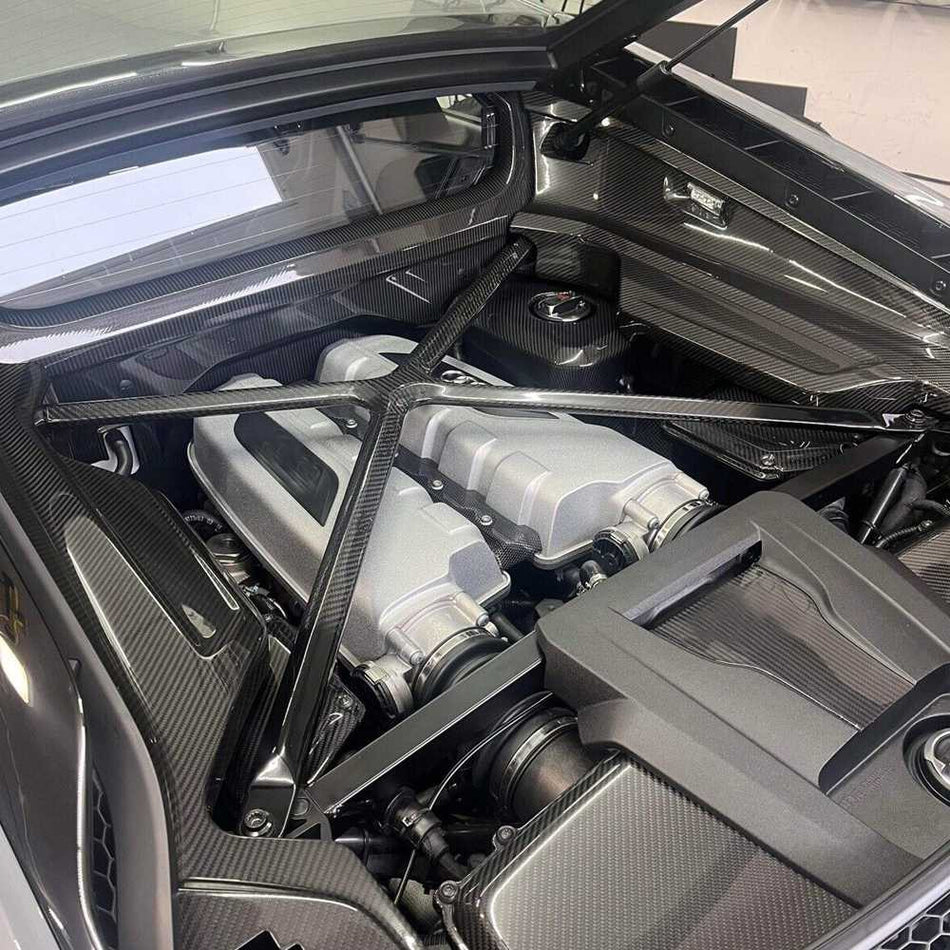 Audi R8 Gen2 Facelift dry carbon fiber X-brace installed in engine bay
