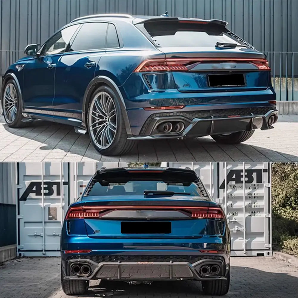 Audi RS Q8 carbon fiber rear diffuser installed on blue vehicle