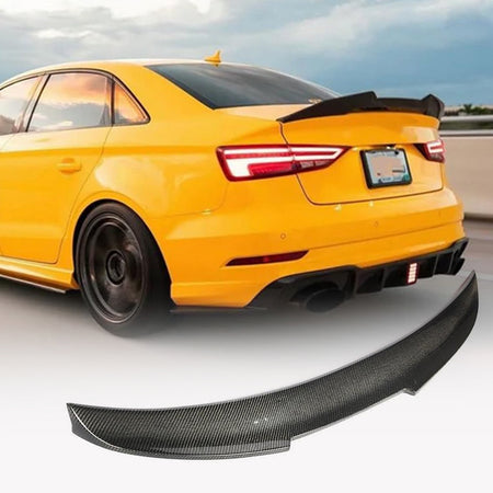 Carbon fiber trunk spoiler installed appearance on an Audi RS3 8V Sedan