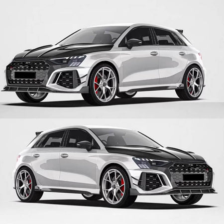 Audi RS3 8Y Sedan and Sportback body-style fitment reference for the four-piece canard set
