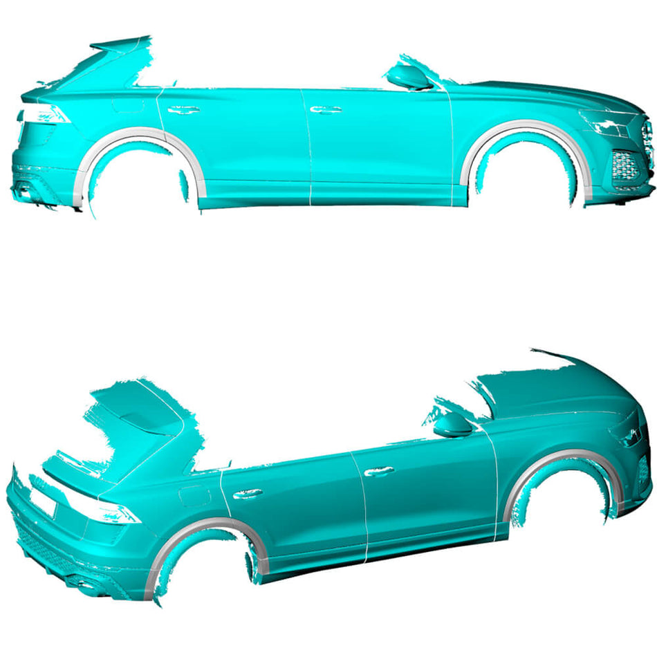 Audi RS Q8 wheel arch trim fitment reference showing front and rear arch locations