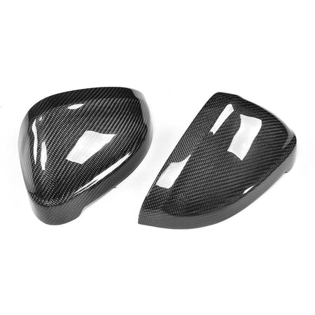 Audi carbon fiber replacement mirror cover pair with Side Assist openings front view