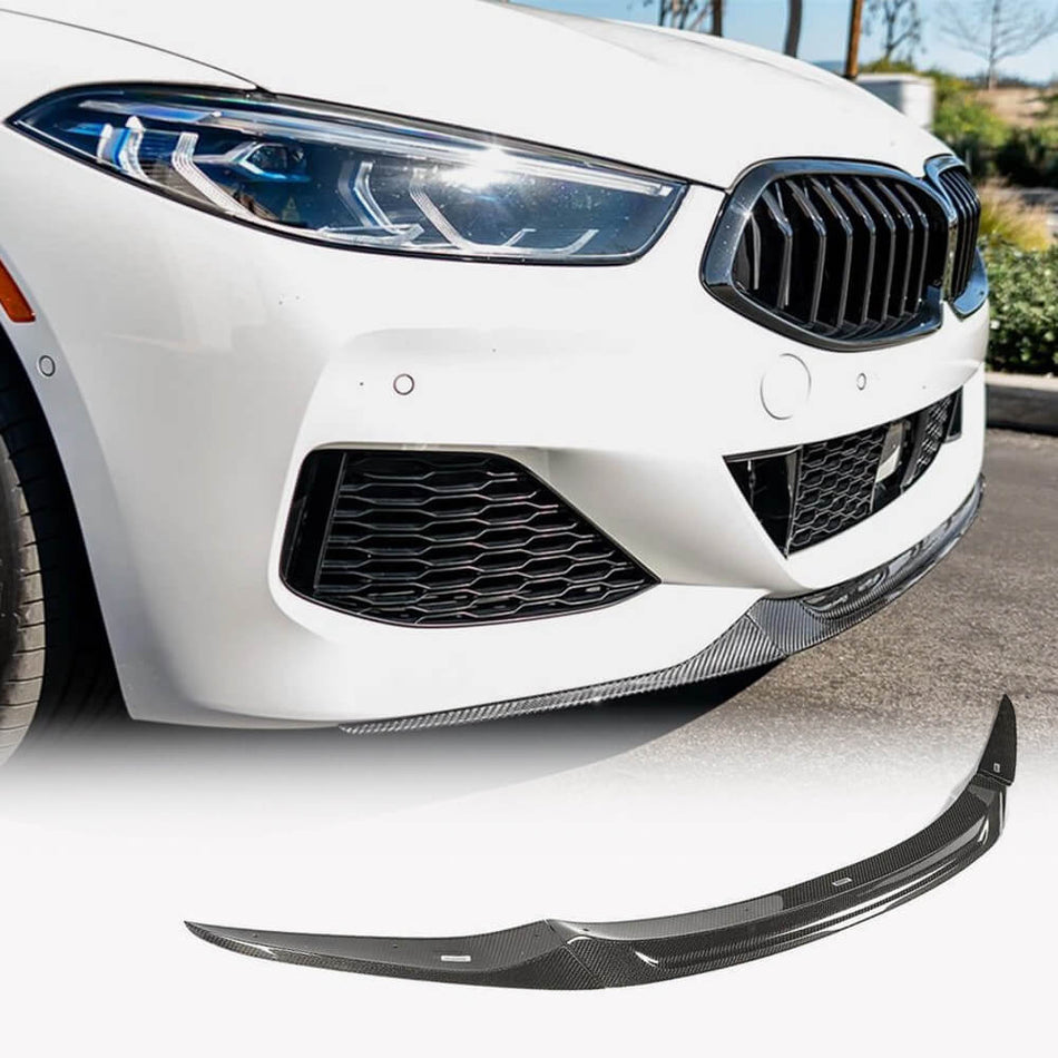 BMW 8 Series G14 G15 G16 M Sport 3-piece carbon fiber front lip installed on a white vehicle