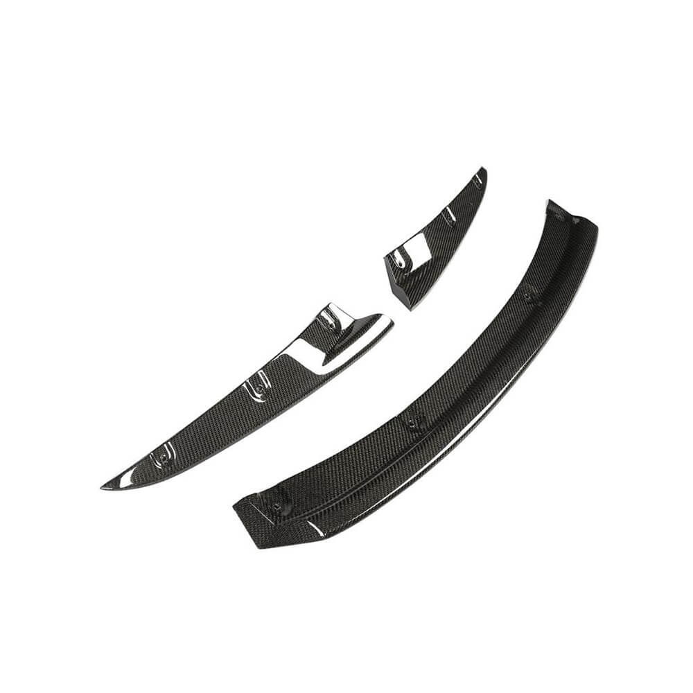Angled product view of the BMW G14 G15 G16 M Sport 3-piece carbon fiber front lip kit